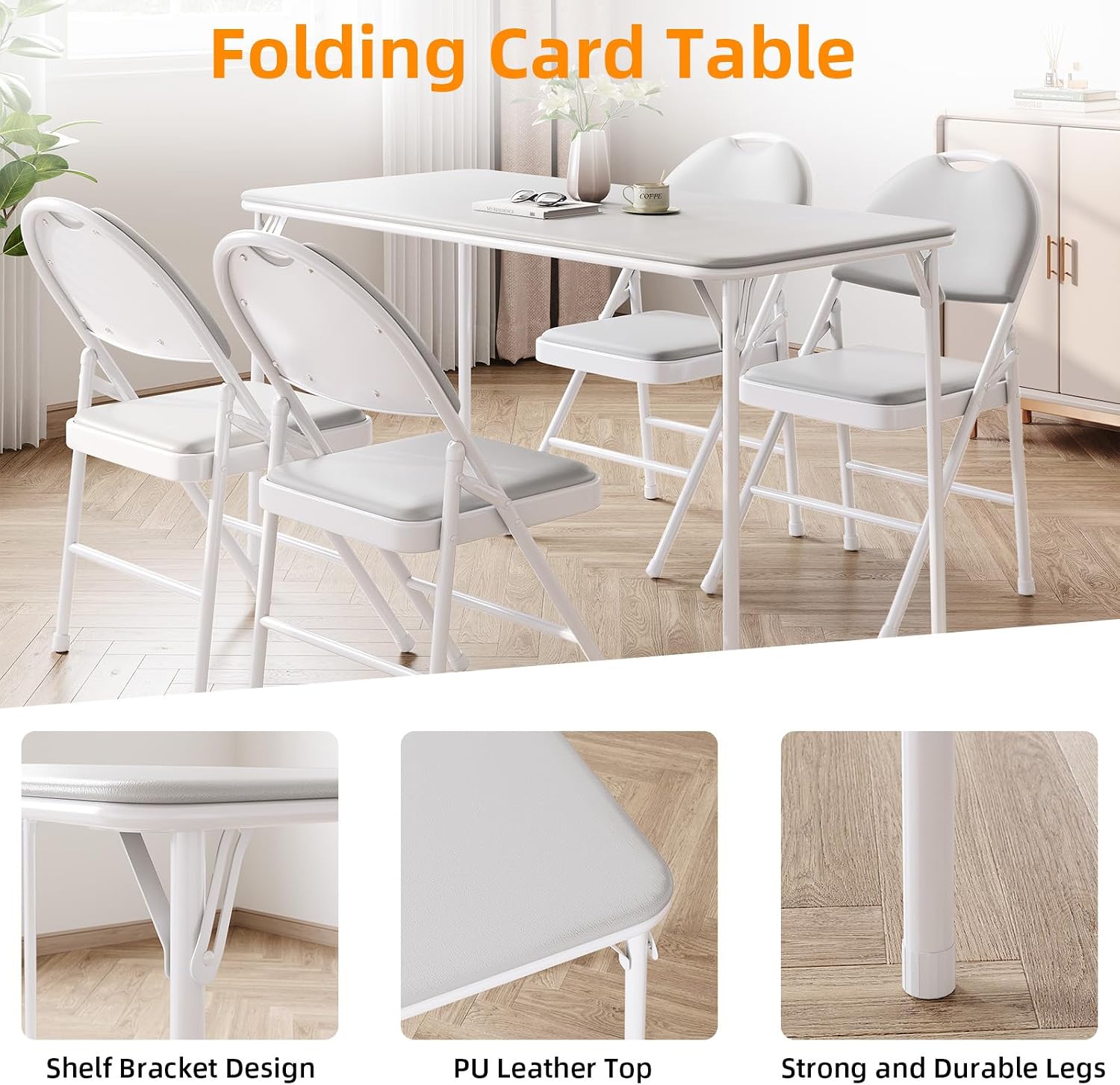 IDEALHOUSE 4 Feet Folding Table, Protable Foldable Card Table, Gray | Metal Legs Support, Upholstered PU Leather Tabletop, Heavy Duty, No Assembly Required, Perfet for Indoor and Outdoor