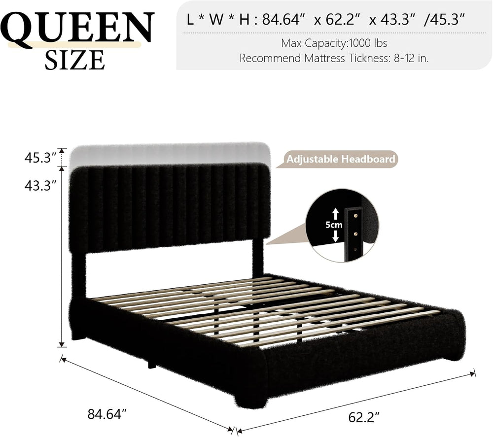Queen Size Boucle Bed Frame, Upholstered Cloud Platform Bed Frame with Adjust...