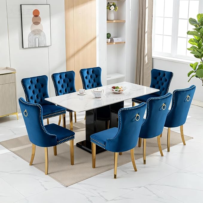 Mid Century Modern Dining Chairs Set of 8, Blue Velvet Upholstered Tufted Back, Kitchen & Dining Room Chairs, Gold Metal Legs, Nailhead Trim, Sillas para Comedor (Blue, 8 Pcs)