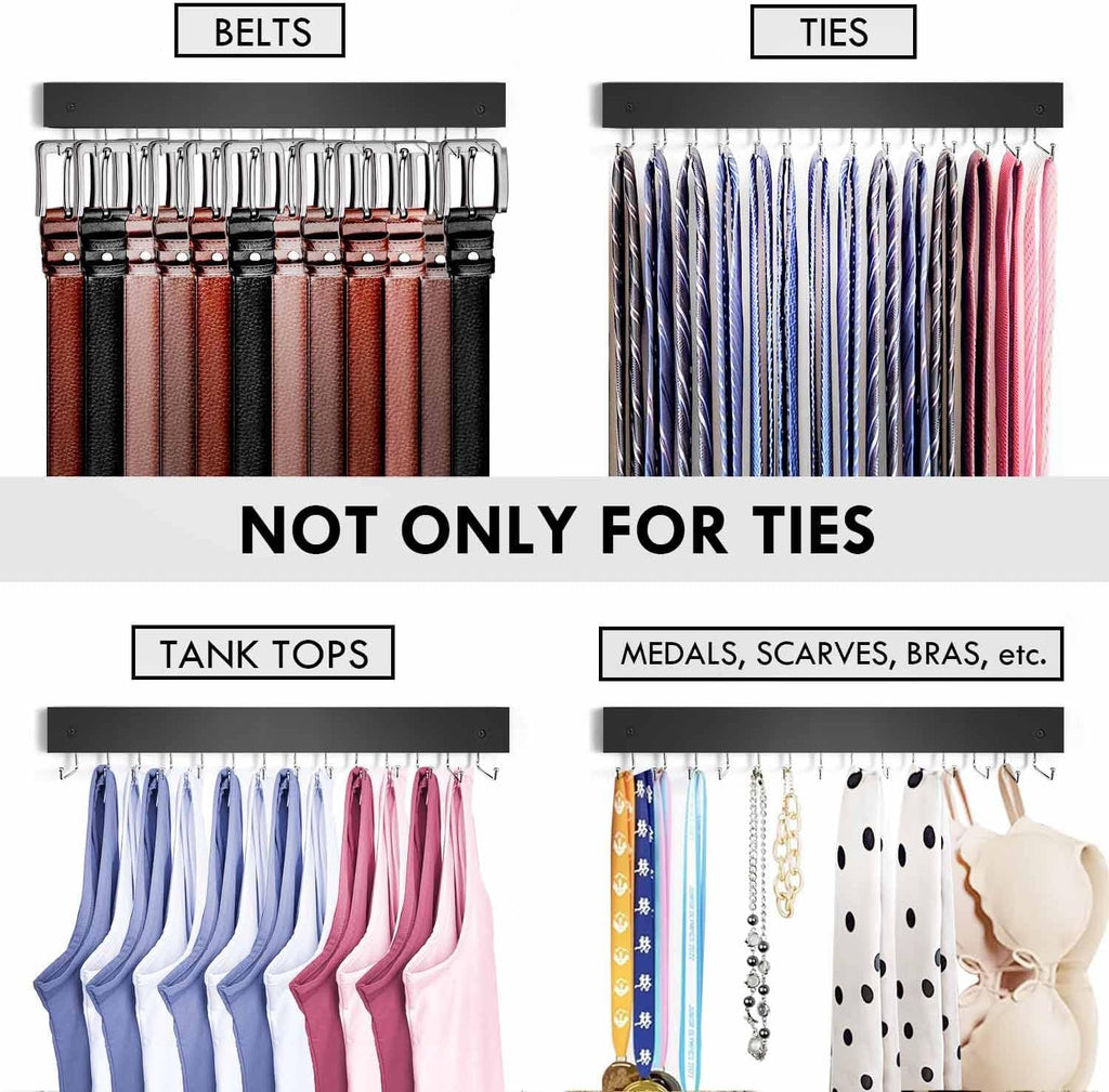 2-Pack Tie Rack Wall Mounted, Wooden Belt Hanger Tie Organizer for Closet with 28 Folding Hooks, Space Saving Tie Holder and Belt Rack for Closet Wall Mount, Black