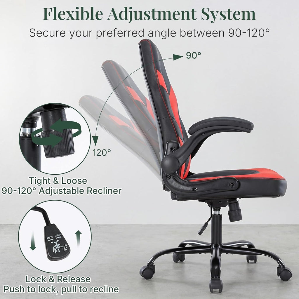 Ergonomic Computer Gaming Chair with Flip-up Armrest, Height Adjustable PU Leather Home Office Desk Chair with Lumbar Support Swivel Wheels and for Adults and Kids, Scarlet Red