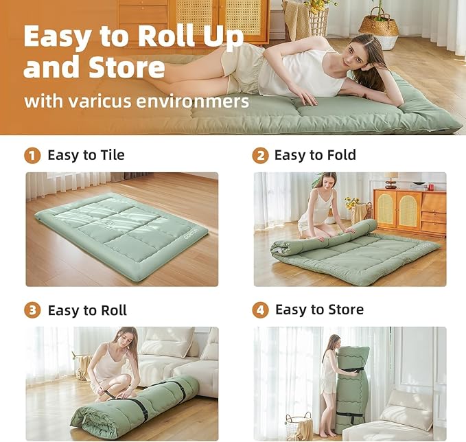 Size Full Japanese Floor Futon Foldable Futon Mattress for Floor Tatami Mattress Portable Rollaway Bed for Guest Playmat for Kids Tatami Sleeping Pad Japanese Mattress for Adults Green A