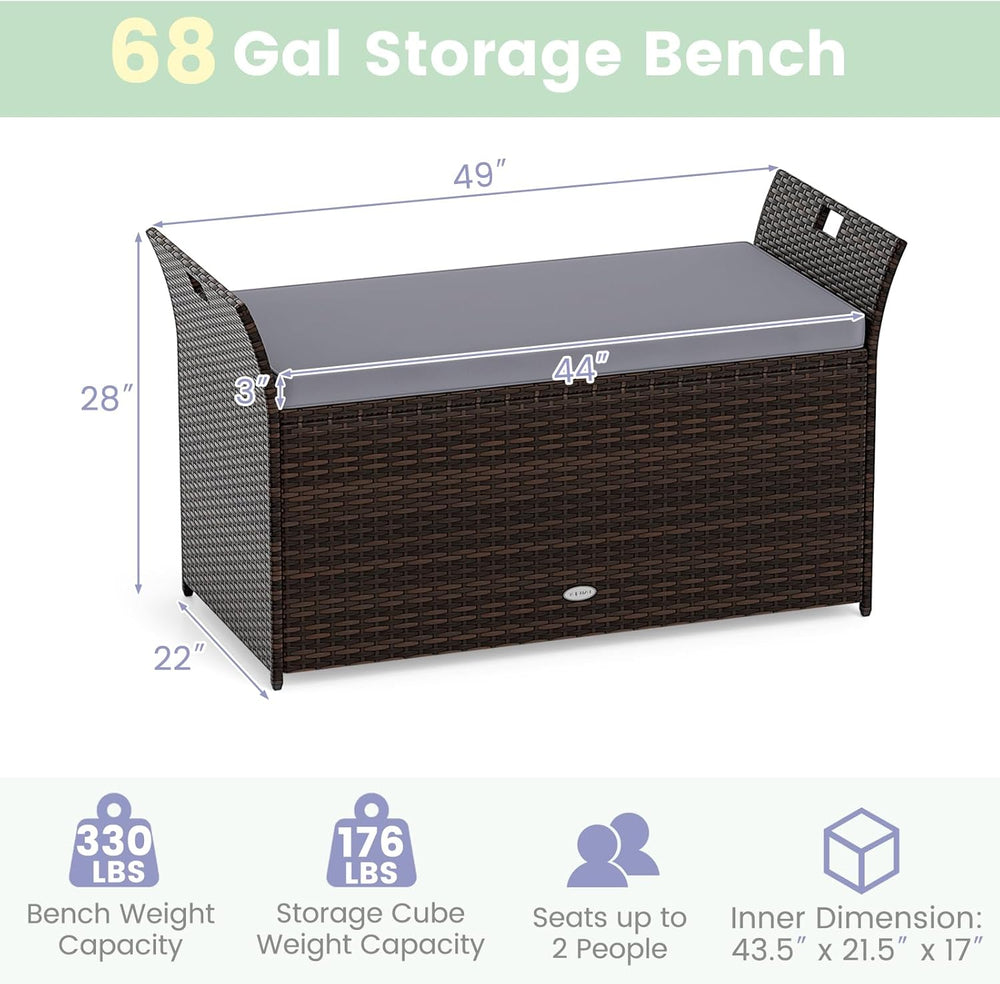 RELAX4LIFE Wicker Outdoor Storage Bench - 68 Gallon Rattan Deck Box w/Side Ha...
