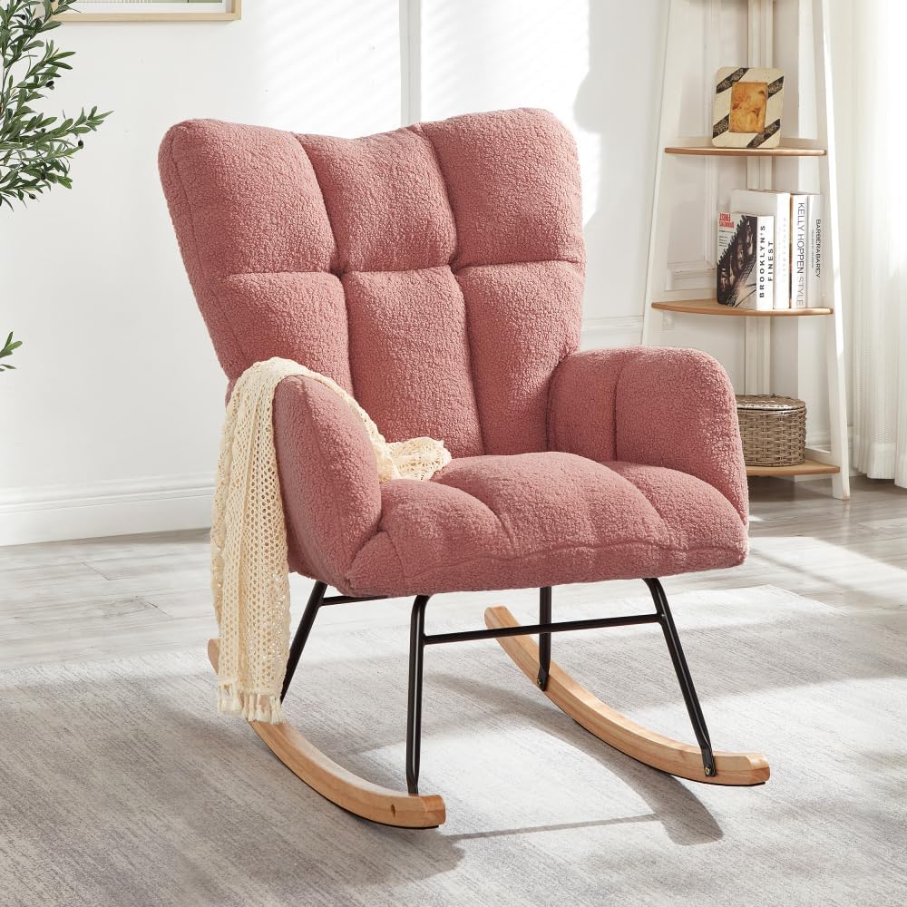 Tufted Upholstered Teddy Fabric Glider Rocking Chair with Metal Frame, Ergono...