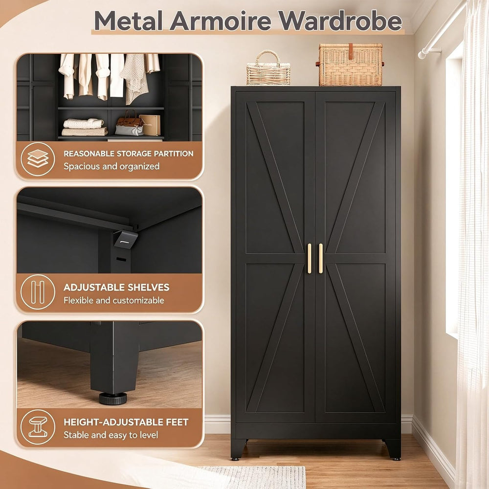 Bevivog Metal Wardrobe Closet with Doors, 71" Farmhouse Bedroom Armoire ...