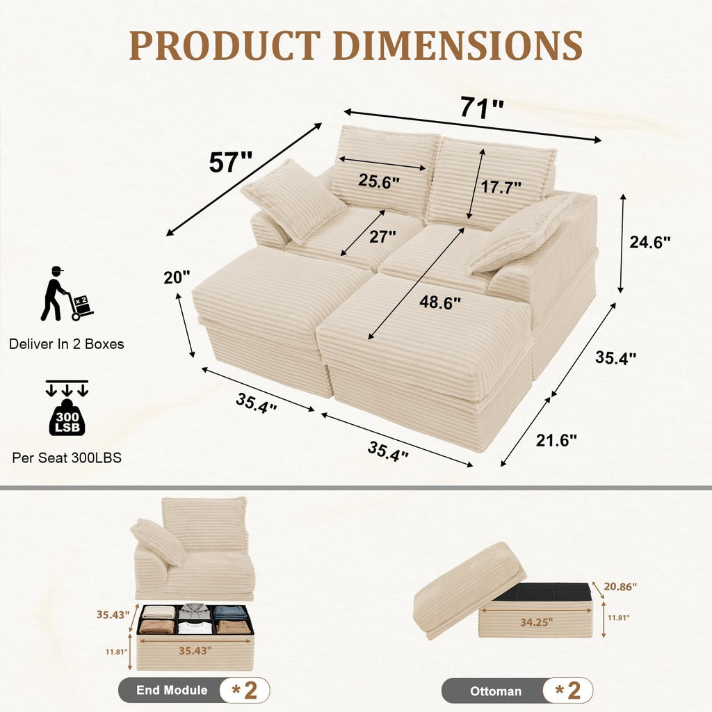 Upgrade Boneless Couch with Storage, Extra Deep&High Seat Modular Sectional Sofa 2 Seater Loveseat Sofa with Ottoman, Tool-Free Assembly Sectional Couches for Living Room Bedroom Apartment