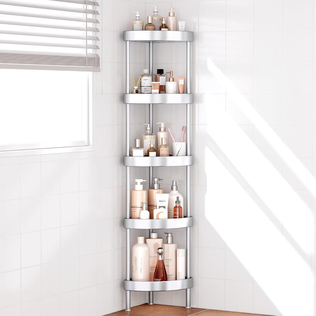 Nieifi Corner Shower Caddy Stand-5 Tier Rustproof Anodized Aluminum Standing Shower Organizer-Shower Caddy Corner-Dual Stability to Anti-Shaking-Height-Adjustable Legs for Uneven Surfaces-Silver
