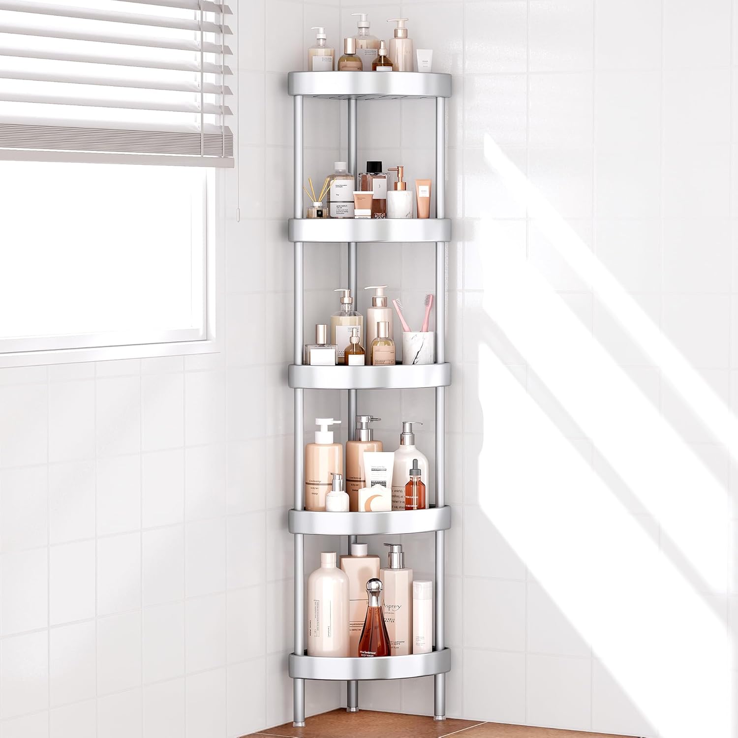 Nieifi Corner Shower Caddy Stand-5 Tier Rustproof Anodized Aluminum Standing Shower Organizer-Shower Caddy Corner-Dual Stability to Anti-Shaking-Height-Adjustable Legs for Uneven Surfaces-Silver