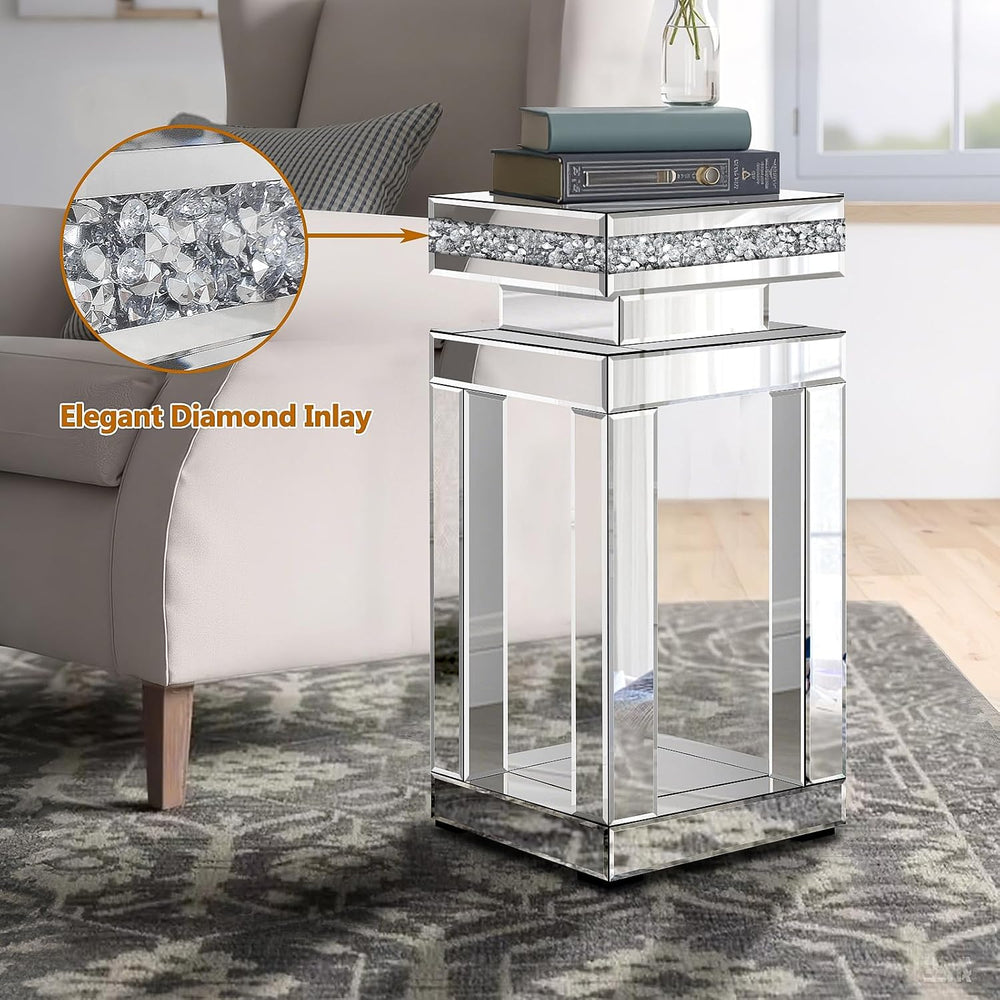 Silver Mirrored End Table, Modern Crushed Diamond Accent Tables, Small Side C...