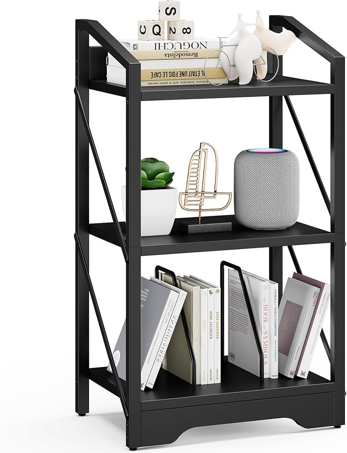 Vagusicc Bookshelf, 3 Tier Industrial Bookcase, Metal Small Bookcase, Rustic Open Book Shelf Storage Organizer for Living Room Bedroom Home Office, Small Bookshelf (Black)