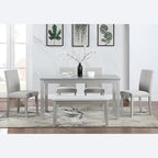 KEIKI 6-Piece Standard Height Dining Table Set with Rectangular Table, 4 Upholstered Chair, Bench, for 6 Person, Crystal Decoration Table Set, Easy Assembly, for Kitchen, Dining Room, Silver Grey