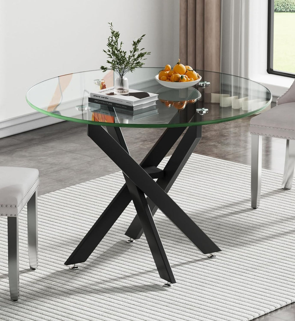 36" Round Glass Dining Table for 4, Circle Kitchen Table with Tempered G...