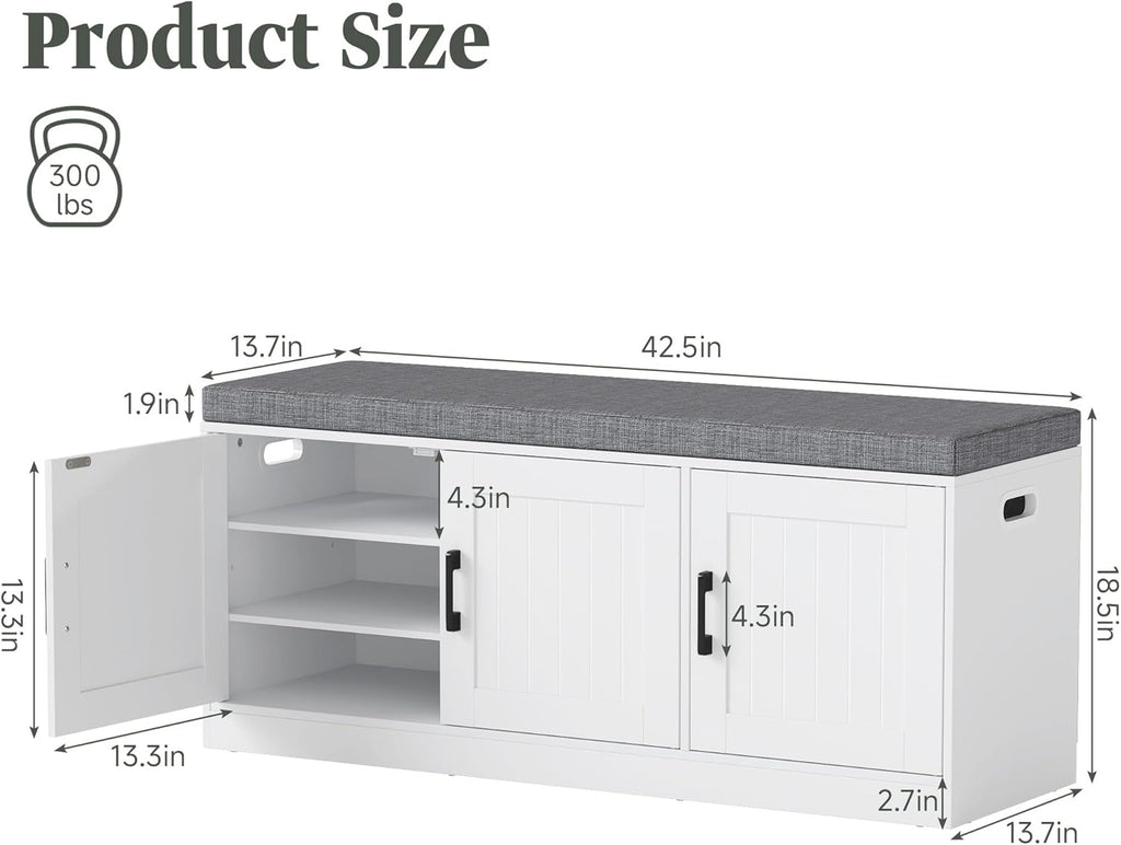 Turosur Shoe Storage Bench with Cabinet, 3-Tier Entryway Bench with Padded Seat Cushion, Shoe Cabinet Bench with 4 Adjustable Shelves for Bedroom, Mudroom, White