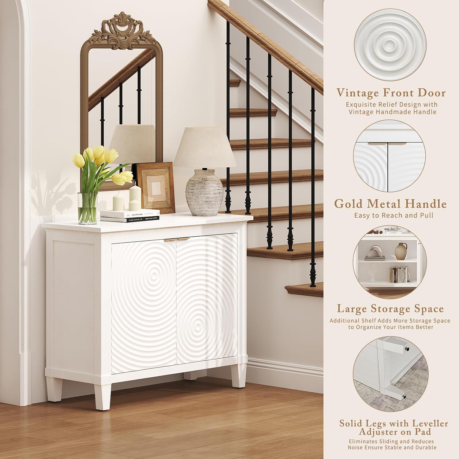 karlott Buffet Cabinet with Storage, Sideboard Accent Cabinet, Annual Ring | Distressed White, Pine Wood Frame, Craft Cabinet with Annual Ring Carved Motif, Sideboard Buffet for Kitchen, Living Room
