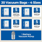 ETENWOLF 20 Pack Vacuum Storage Bags with Rechargeable Wireless Pump, Vacuum Seal Bags for Clothes and Travel, Space Saver Bags in Multiple Carry-On Sizes, Perfect for Luggage and Suitcases