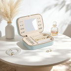 Genuine Leather Travel Jewelry Organizer Case with Mirror for Women, Small Mini Portable Jewelry Box for Ring Earrings Necklace Bracelet Luxury Gift for Women（Cyan）