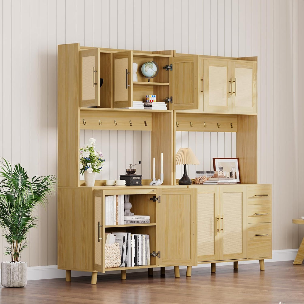 71" Tall Farmhouse Pantry Cabinet with Rattan Doors & Drawers, Frees...