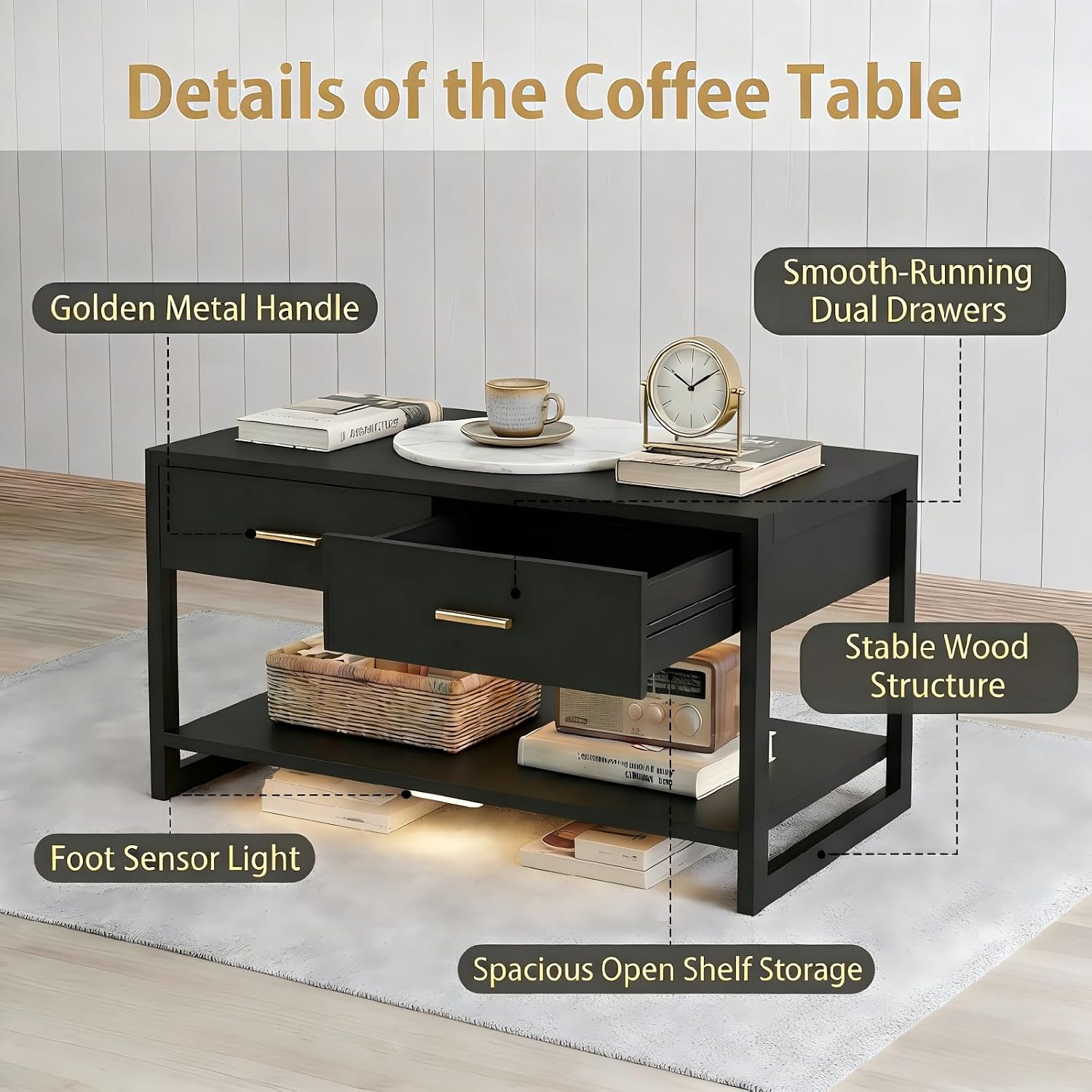 Multi-Functional Coffee Table with Foot-Sensor Light and 2 Drawers | Black, Modern, Large Open Shelf, Sturdy Frame Versatile, Vintage Metal Handle, Suitable for Living Room/Office/Outdoor Patio,
