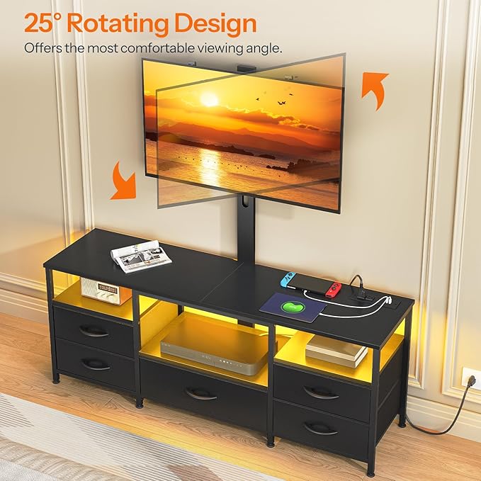 HOOBRO TV Stand with Mount and Power Outlet, for 32/45/55/60/65 inch TVs, Swivel Led Entertainment Center with Drawers, Adjustable Media Console for Living Room, Bedroom, Black BB130UDDS01