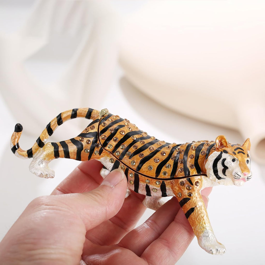 Hand Painted Animal Trinket Box for Home Decor, Hinged Jewelry Organizer Storage, Unique Personalized Collectible Keepsake Figurine Handmade Decorative Ornament Gifts (Tiger)
