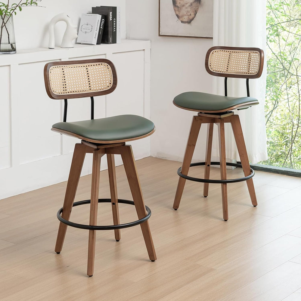 26" Rattan Bar Stools Set of 2, Faux Leather Counter Height Swivel Barst...