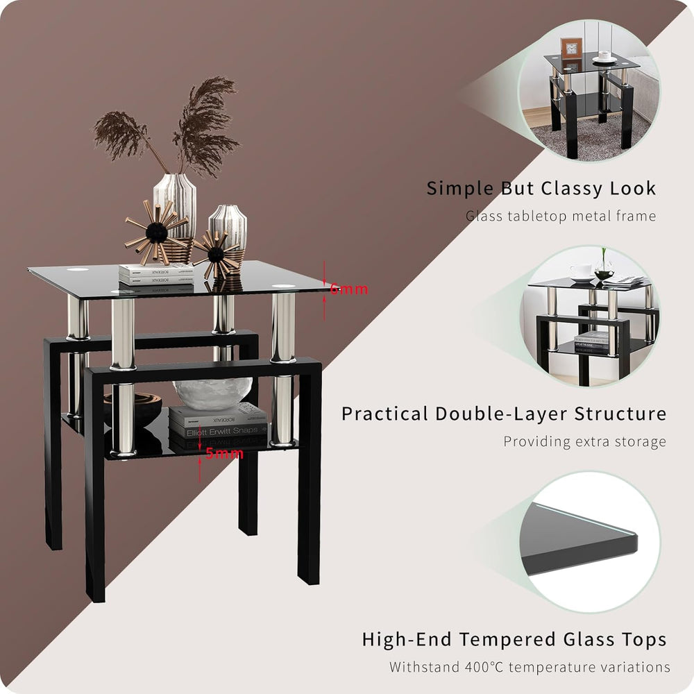 Black Glass Coffee Table Set of 3 Piece, Living Room Tables Set of 3 Pcs, Inc...