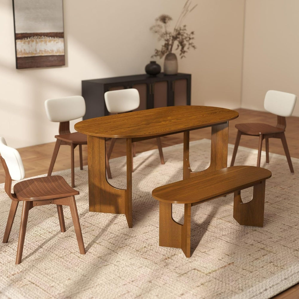 VESCASA 47.25" L Walnut Wood Oval Bench, Solid Wood Dining Bench with Wo...