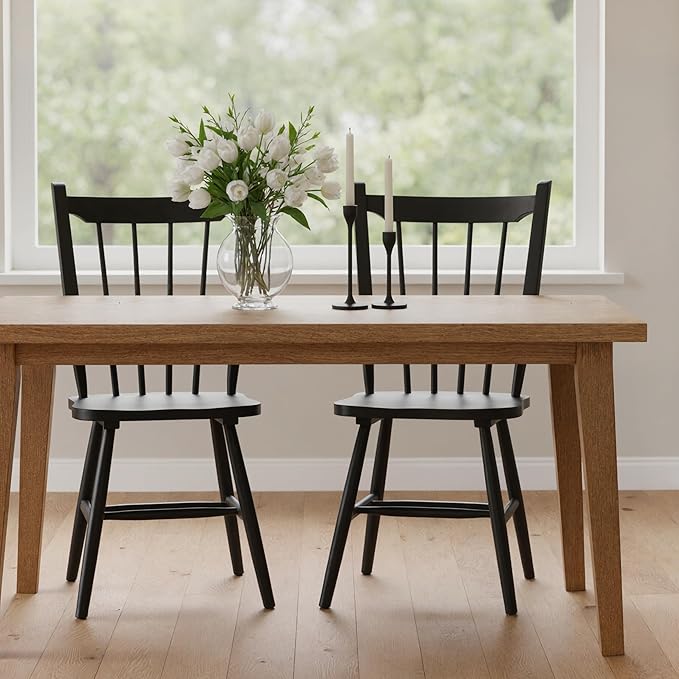 HNY Black Windsor Dining Chairs Set of 2, Farmhouse Wooden Kitchen Chairs with Spindle Back, Mid Century Modern Armless Kitchen Side Chair for Dining Living Room Restaurant