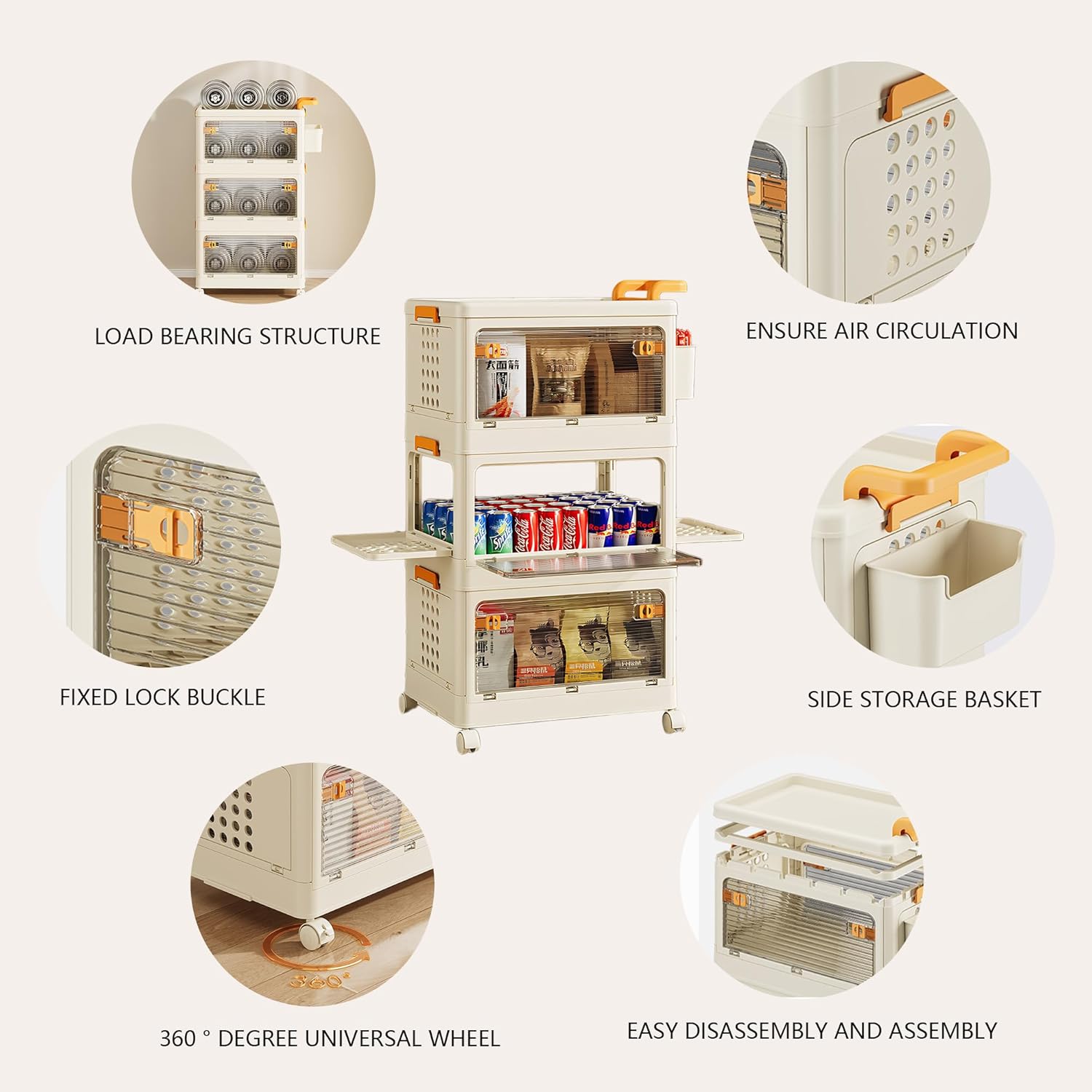 58 QT Storage Bins with Lids, Stackable Rolling Storage Cart with Clear Doors, 4 Tier Storage Cart on Wheels, Plastic Storage Containers for Home, Office, Kitchen, Bedroom, White