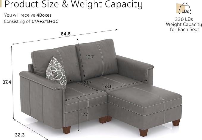 SITJOY 65" Faux Leather Modular Sectional Sofa with Storage, Mid Century Modern Sectional Couches for Living Room, Soft Padded Armrests, 2 Seater L-Shaped Loveseat with Ottoman, Gray