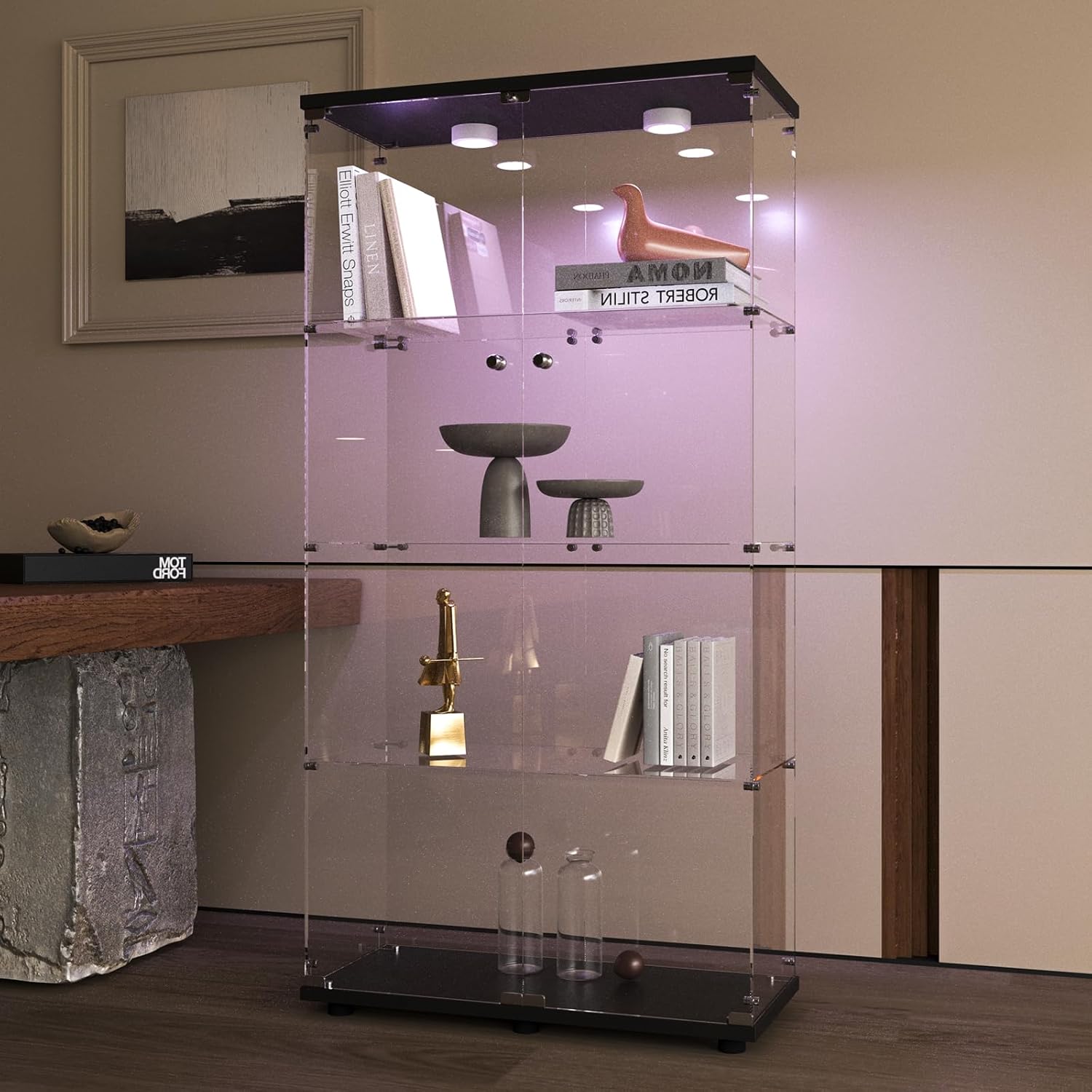 Beauty4U Glass Display Cabinet with Light, 4 Shelves with 2 Doors, Curio Cabinets for Living Room, Bedroom, Office, Black Floor Standing Glass Bookshelf, Quick Installation