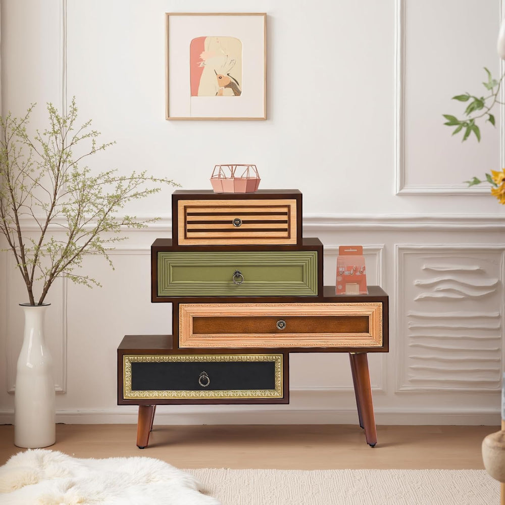 Ahokua Vintage Accent Chest with 4 Drawers, Asymmetrical Stacked Design, Mult...