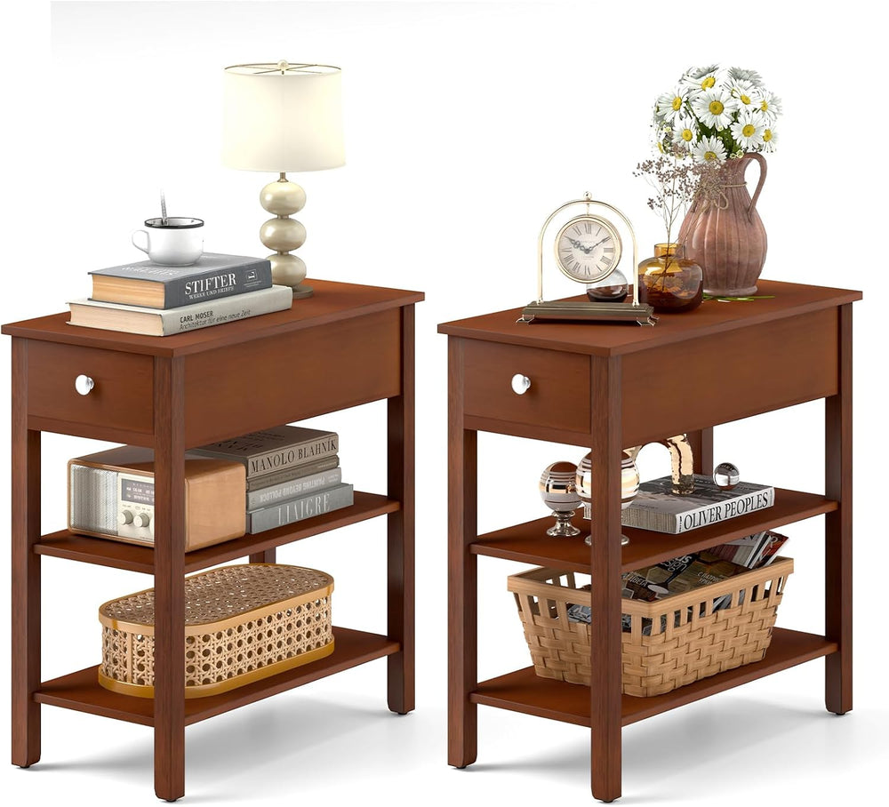 Giantex Narrow End Table Set of 2, Farmhouse Side Tables with Drawer & St...