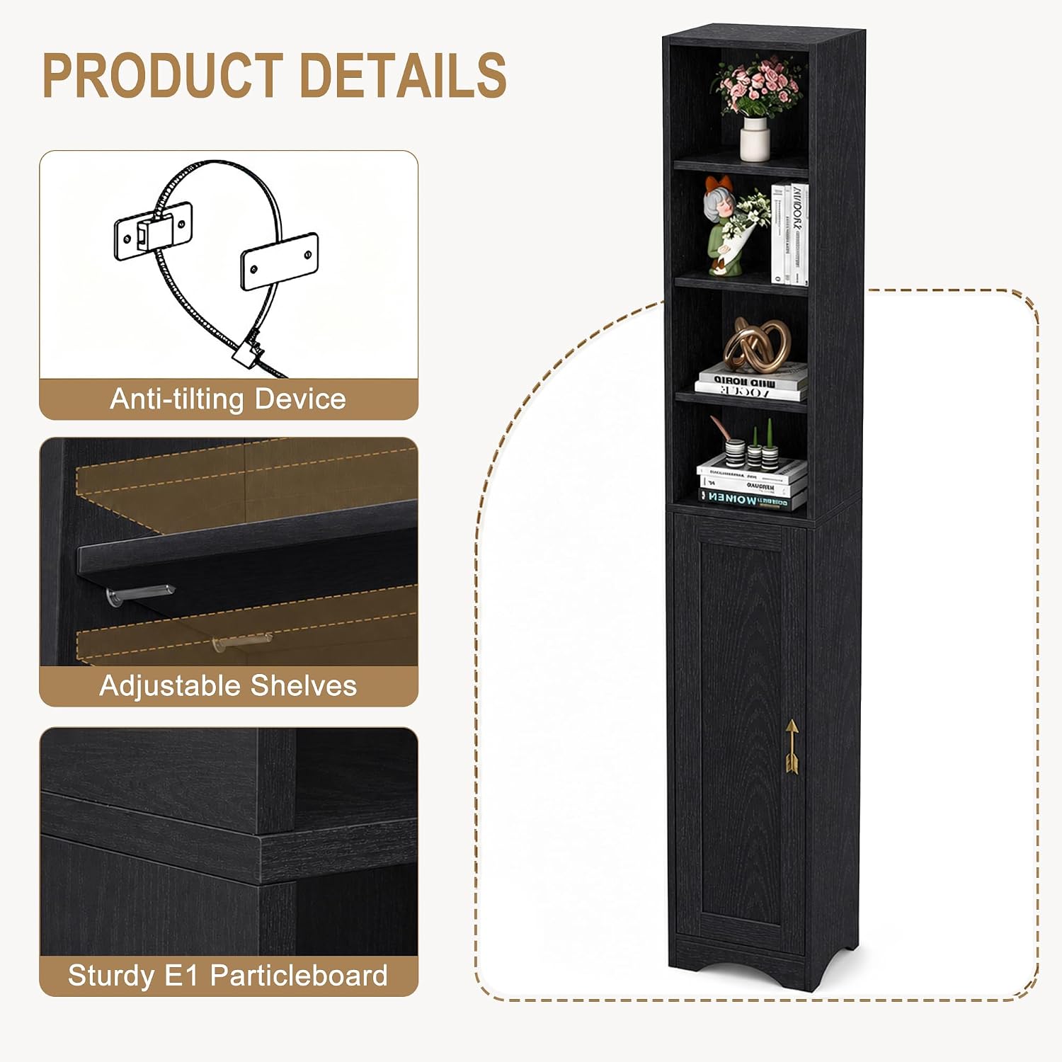 VECELO Narrow Tall Cabinet with Closed Door, 6 Adjustable Movable Shelves, Wood Space Saving Corner Storage Unit, Sleek Black