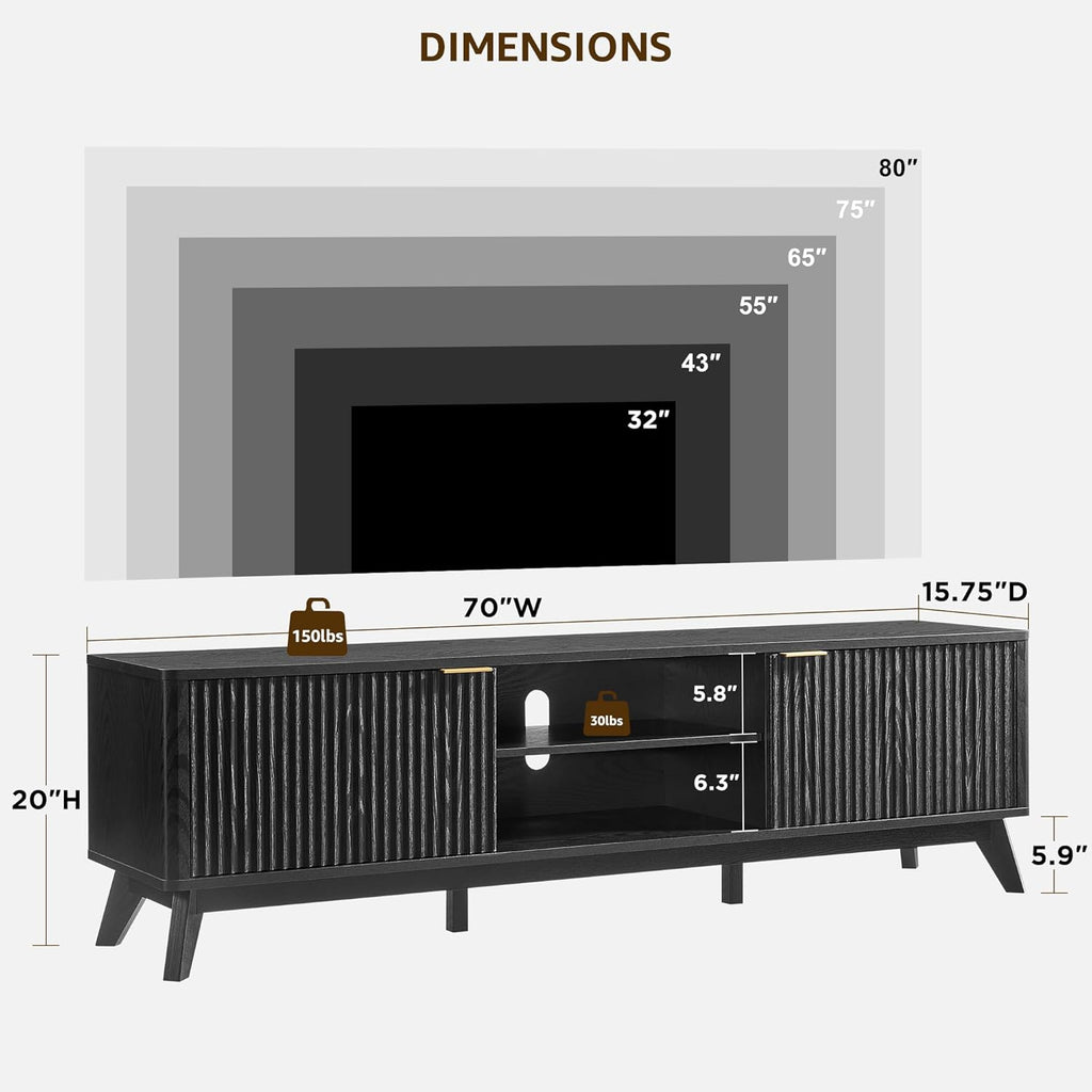 OKD 70" Mid Century Modern Fluted TV Stand, Entertainment Center, Sideboard, Media Console for Living Room with 2 Soft Close Door/Adjustable Shelves (Black Oak)