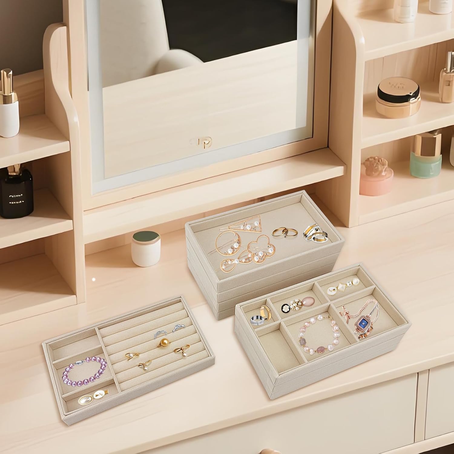 8 Pack Jewelry Organizer for Drawer, Necklace Velvet Storage Display Tray, Stackable Insert Divided Holder for Bracelet Rings Earring Brooch Watch, Beige 4 Styles