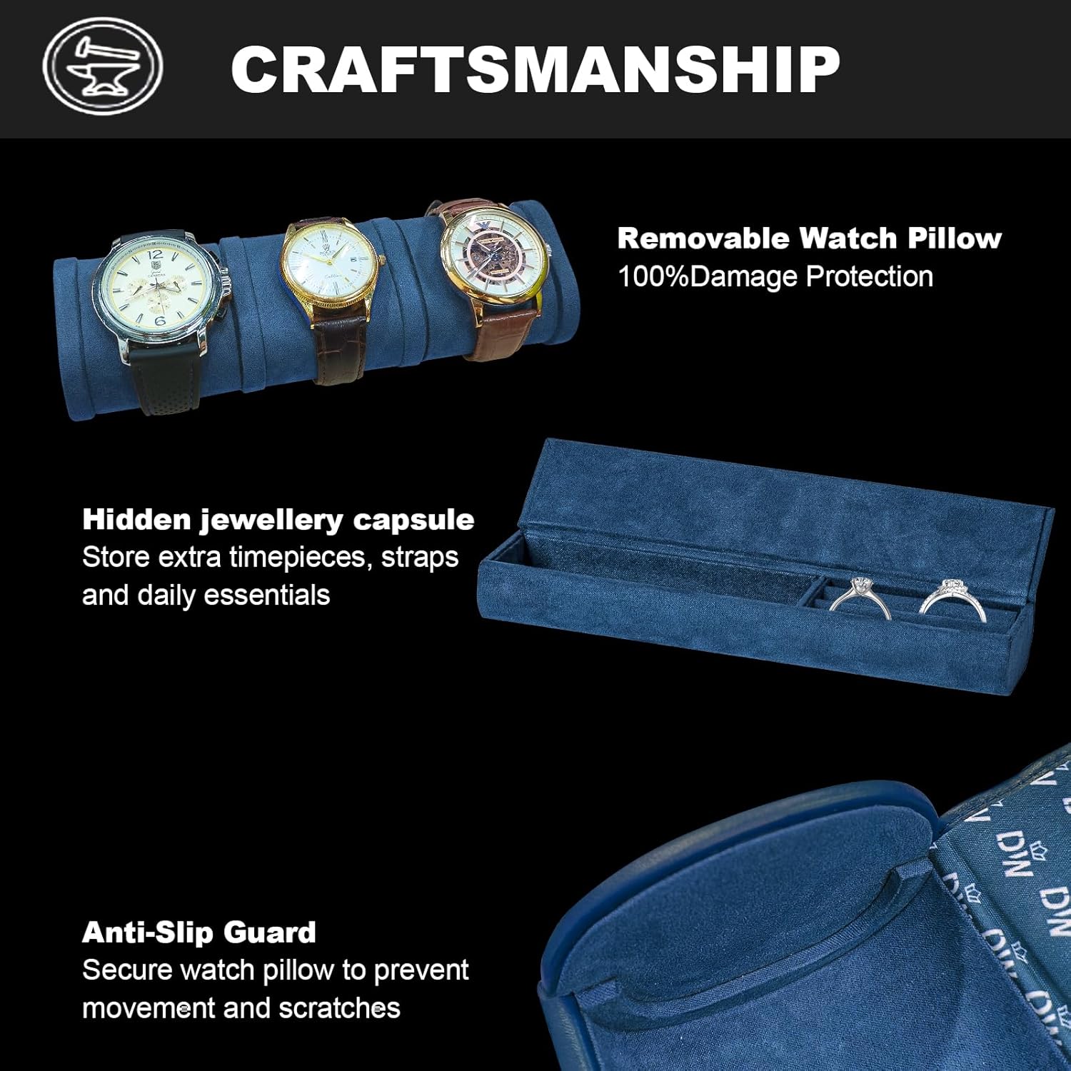DUKWIN Watch Roll for 3 Watches, Vegan Leather Travel Watch Case Organizer with Removable Pillows for Men and Women,Display Case for Watches Collection and Gift for Anniversary Birthday(Blue Storage)