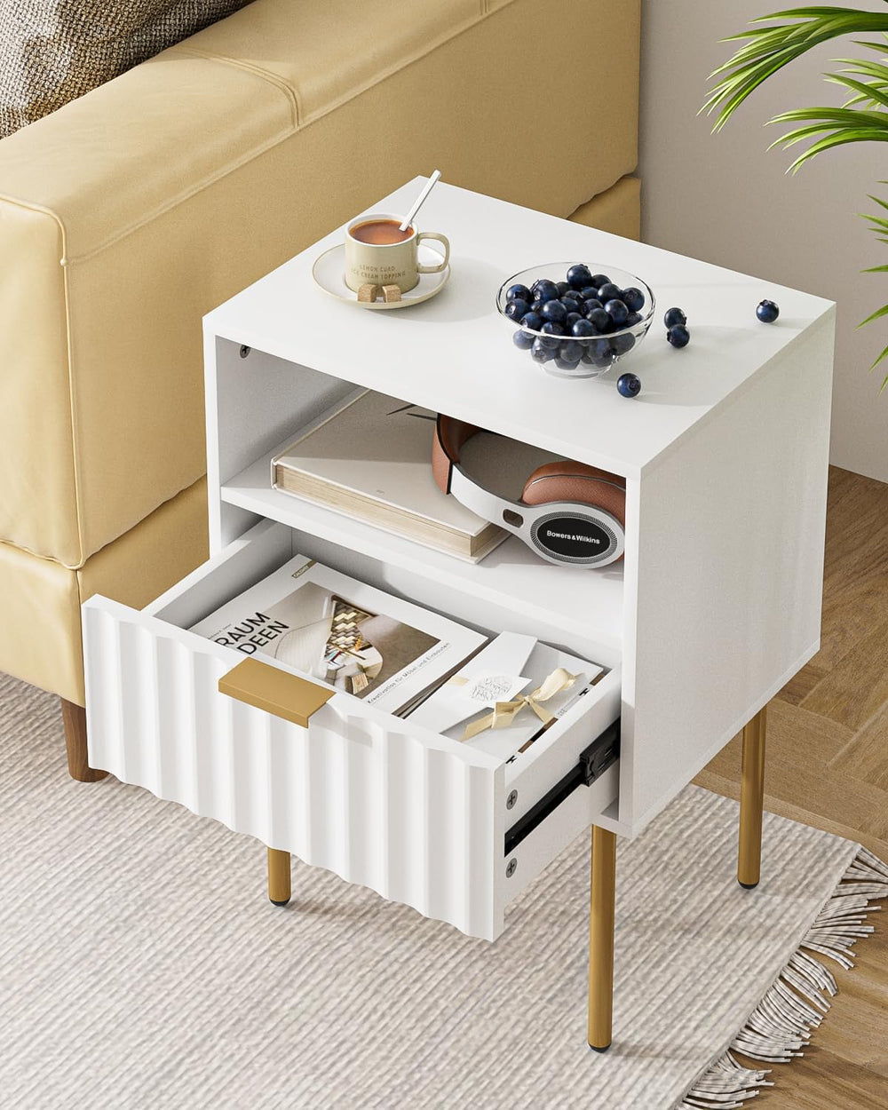 Night Stand,Modern Bedside Table with Drawer and Shelf,White Night Stand with...