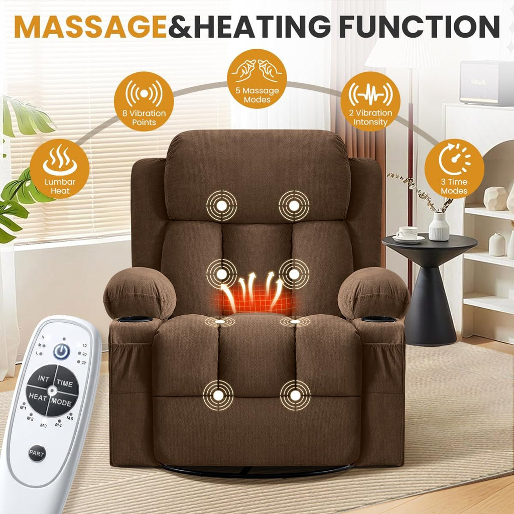 Swivel Rocker Recliner Chair with Vibration Massage & Lumbar Heating, Ergonomic Lounge Chair for Living Room, Rocking Function, Side Pocket, 2 Cup Holders, USB Charging Port