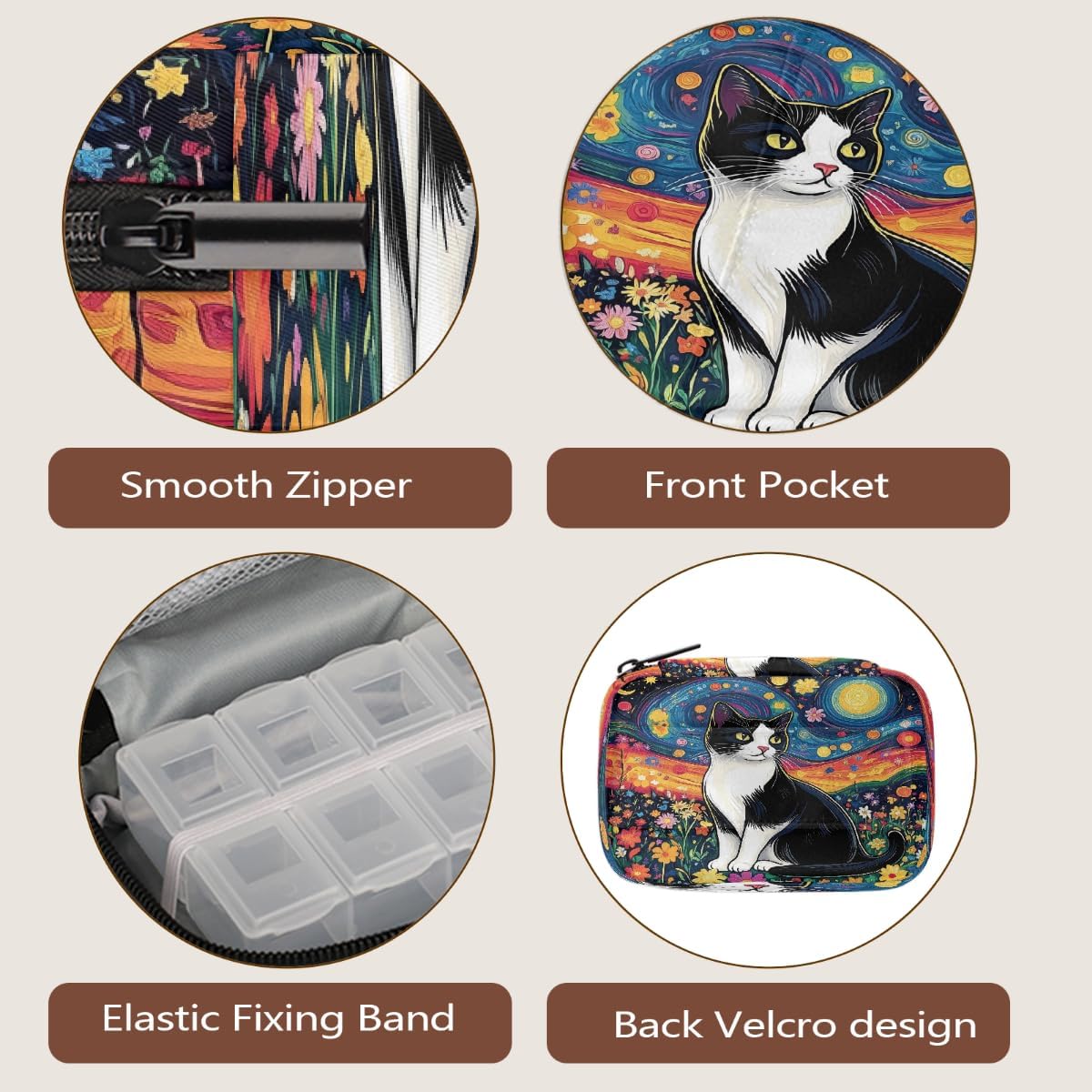 Oli Painting Cat Flowers Pill Organizer Travel Medicine Case with Zipper Daily Vitamin Storage Bag Portable 8 Slot Weekly Pill Box Supplement Holder for Home Office Gym Travel