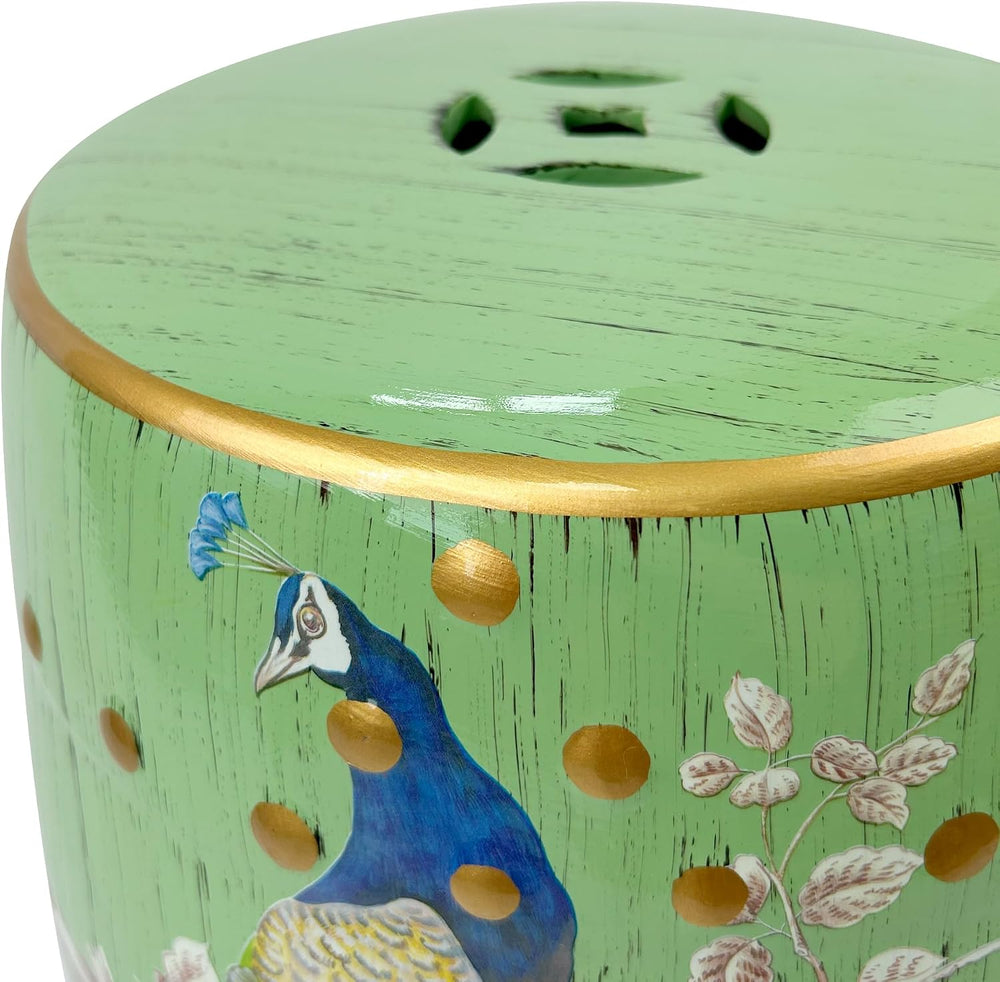 Hand-Painted Floral Bird Ceramic Drum Stool - Oriental Artistry Storage Ottom...