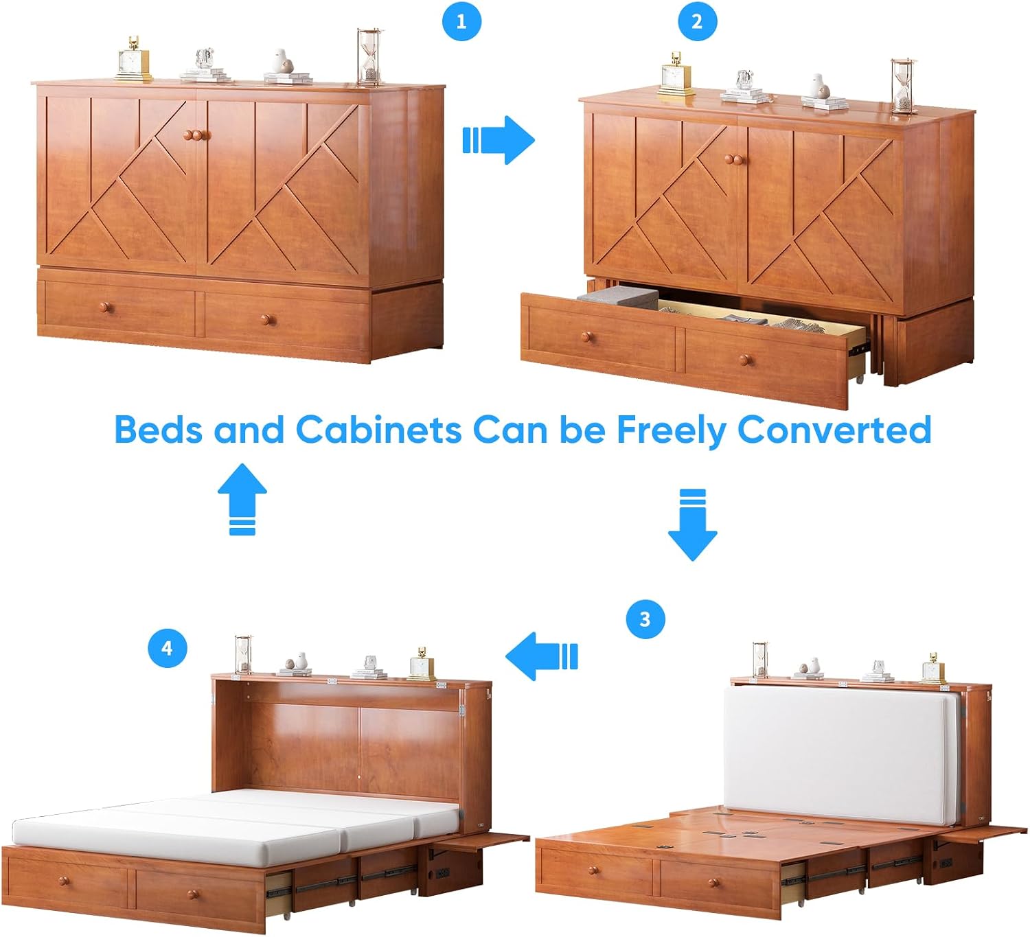 PUREMIND Queen Murphy Bed — Multi-Functional Hideaway Cabinet Bed with Headboard, Space-Saving Wall Bed with USB-C Charging Ports & 2 Storage Drawers for Guest Room, Apartment, Home Office, Cherry