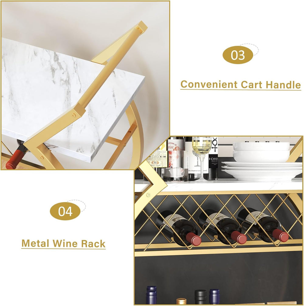 LVB Gold Bar Cart with Wheels, Modern White Marble Home Bar Serving Cart | Dr...