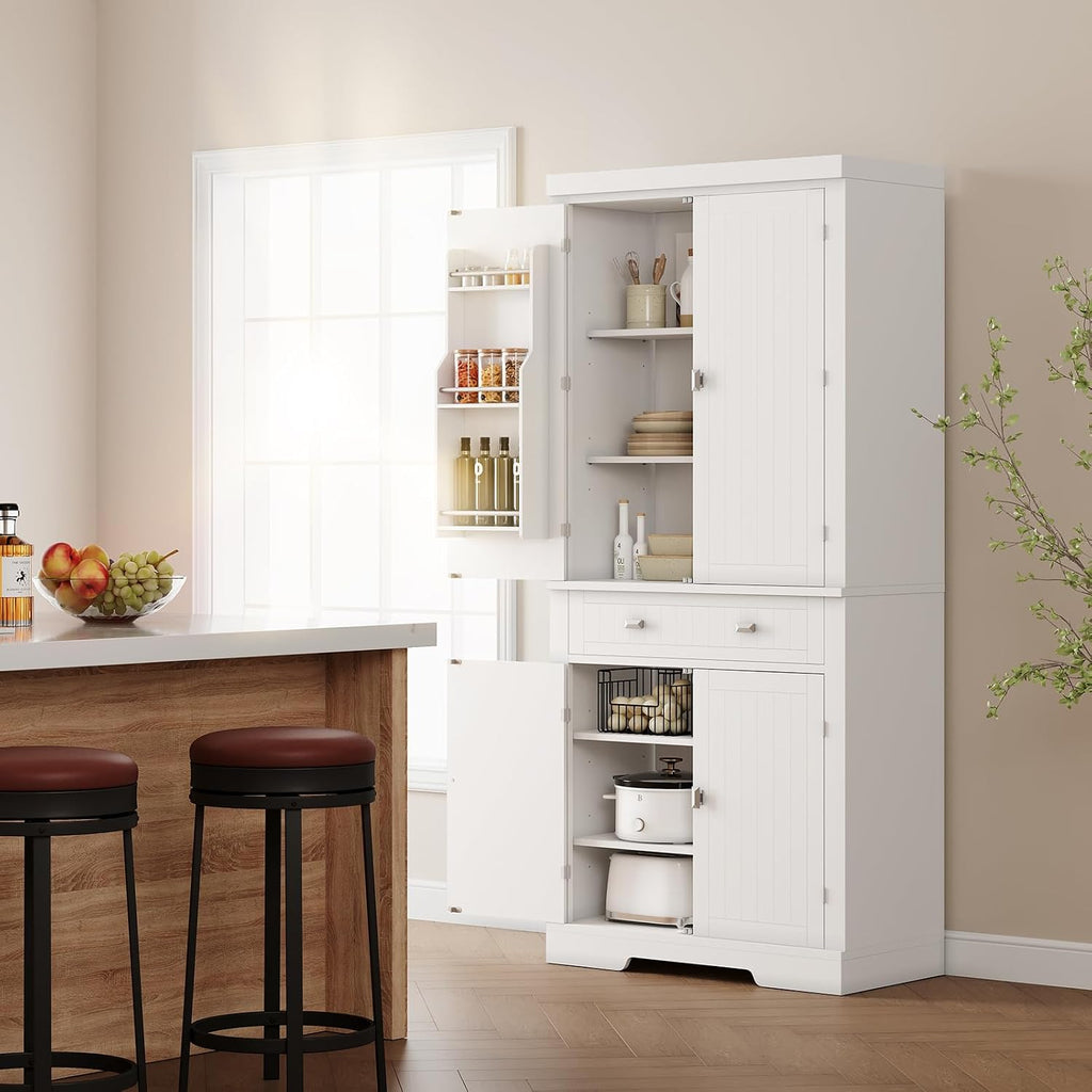 72 Inch Pantry Cabinet, Space-Saving Wood Kitchen Storage Cabinet with Drawer, Door Shelves & Adjustable Shelves, Modern White Cupboard for Dining Room Apartments