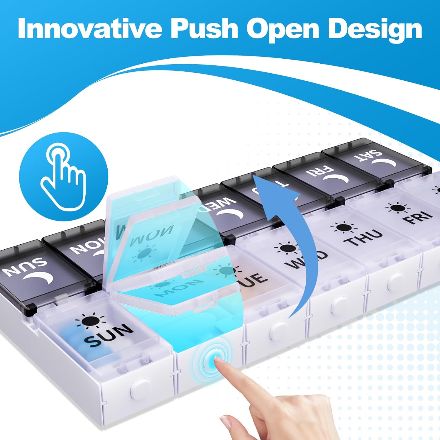 Push Button Weekly Pill Organizer 2 Times a Day, Medicine Pill Organizer, Pill Box Case 7 Day AM PM BPA-Free, Pill Container for Vitamins, Fish Oil, Supplements Medication (Black & White)