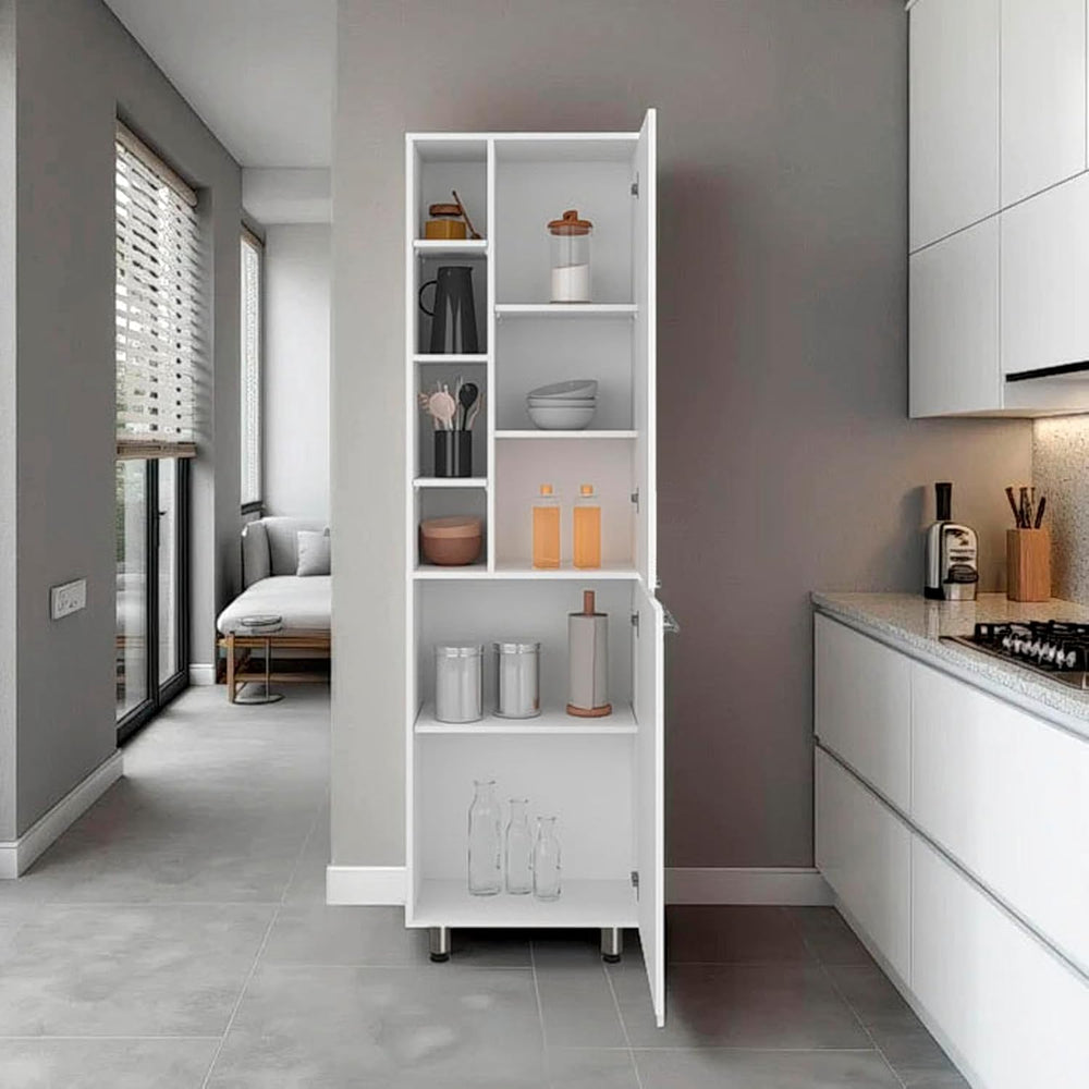 Modern White Kitchen Pantry Cabinet with Open & Closed Shelves – Space-Ma...