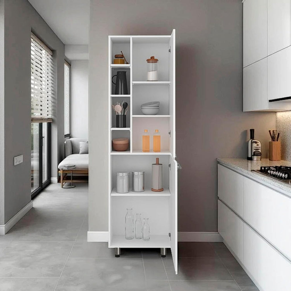 Modern White Kitchen Pantry Cabinet with Open & Closed Shelves – Space-Maximizing Storage for Appliances, Jars & Containers | Durable, Dust-Resistant Design with Ergonomic Access