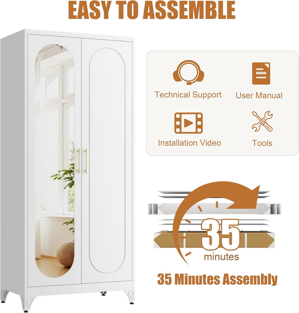 Metal Wardrobe Closet with Mirror Doors and 2 Adjustable Shelves | 71"Tall Storage Cabinet with Hanging Rod, White Bedroom Armoires, Steel Wardrobe Cabinet for Bedroom, Gym, Apartment, School