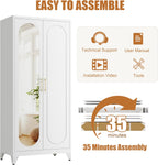 Metal Wardrobe Closet with Mirror Doors and 2 Adjustable Shelves | 71"Tall Storage Cabinet with Hanging Rod, White Bedroom Armoires, Steel Wardrobe Cabinet for Bedroom, Gym, Apartment, School