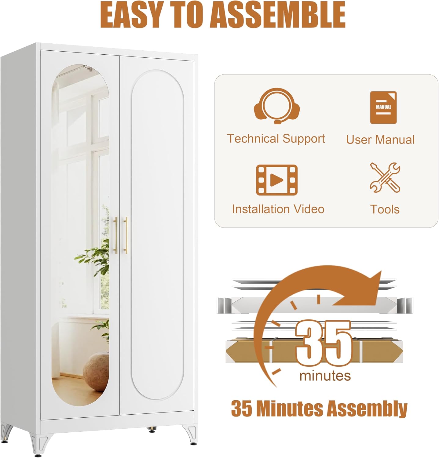 Metal Wardrobe Closet with Mirror Doors and 2 Adjustable Shelves | 71"Tall Storage Cabinet with Hanging Rod, White Bedroom Armoires, Steel Wardrobe Cabinet for Bedroom, Gym, Apartment, School